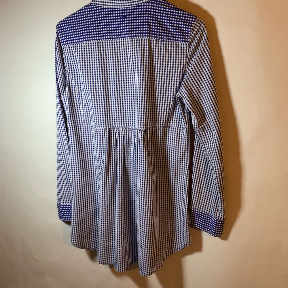 Tyler Boe Women’s sz 6 Blue checked/gingham tunic style shirt. Great casual look